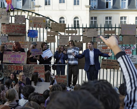 Left-wing La France Insoumise MP Louis Boyard delivers a speech in front of the Michelet high school in Vanves, outside Paris.