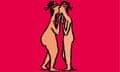 Illustration of a naked man and woman who are kissing while blindfolded