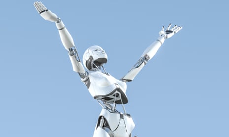 female robot with arms outstretched to the sky