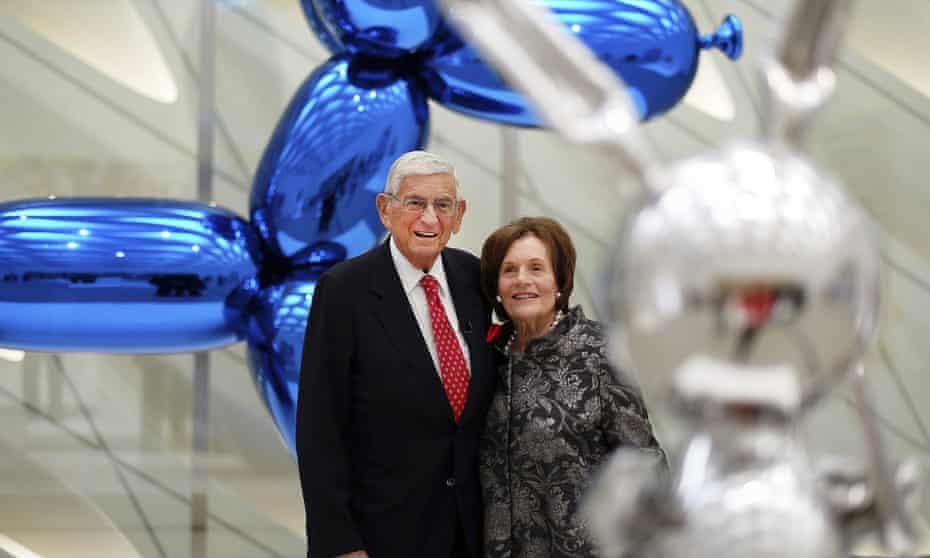 Eli Broad and Edye Broad with Jeff Koons sculptures at the Broad art museum in Los Angeles. 