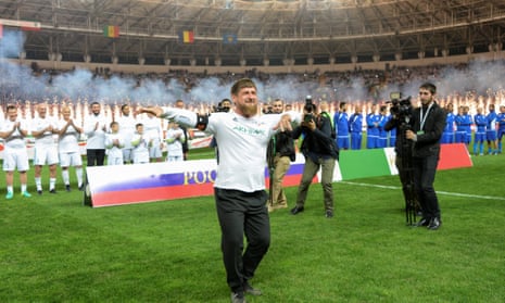 Ramzan Kadyrov dances before an October 2017 football match with Italian veteran players to mark Vladimir Putin’s 65th birthday.