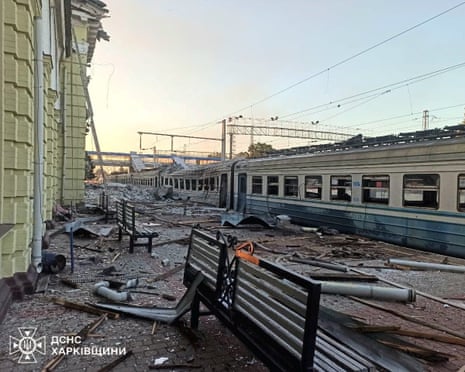 View shows a train, damaged during a Russian drone strike in the town of Lozova, Kharkiv region in Ukraine