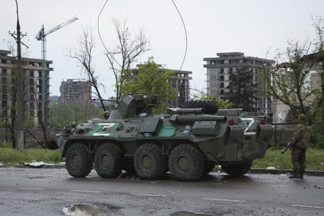 An APC of the Donetsk People’s Republic militia stands not far from Mariupol’s besieged Azovstal steel plant yesterday.