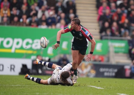 Freddie Steward is tackled by Bristol’s Benhard Janse van Rensburg.