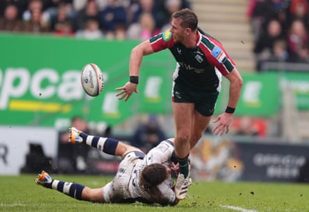 Freddie Steward is tackled by Bristol’s Benhard Janse van Rensburg.