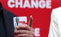 Keir Starmer holds a card detailing his policy priorities at the launch of the Labour party campaign bus on 1 June.