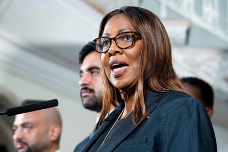 Letitia James speaking on stage at a press conference.