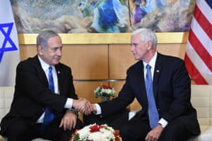 Vice President Mike Pence shakes hands with lsraeli Prime Minister Benjamin Netanyahu.