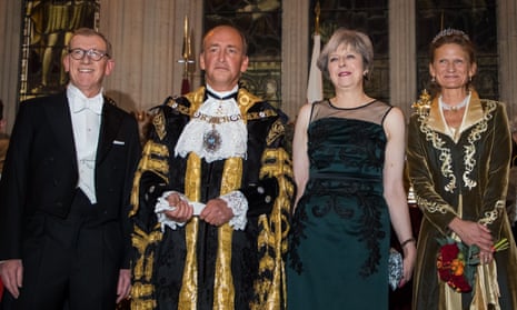 Theresa May (second from right) at the lord mayor’s banquet before her speech with husband Philip, the lord mayor Charles Bowman and Samantha Bowman.