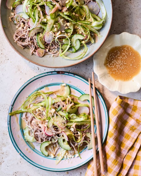 Ravinder Bhogal's asparagus with soba noodles and miso dressing.