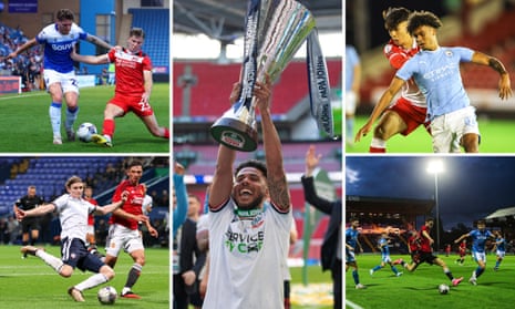 Clockwise from top left: Max Sanders of Leyton Orient tackles Gillingham’s Connor Mahoney during the EFL Trophy match in September, Elias Kachunga of Bolton lifts last season’s trophy, Barnsley’s Nathan James and Kane Taylor of Manchester City U21s, Stockport v Manchester United U21s at Edgeley Park, Jon Dadi Bodvarsson scores for Bolton against Manchester United U21s