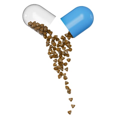 Illustration of an open capsule, with tiny poo emojis falling out 