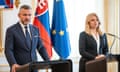 Peter Pellegrini and outgoing president Zuzana Čaputová address the media 