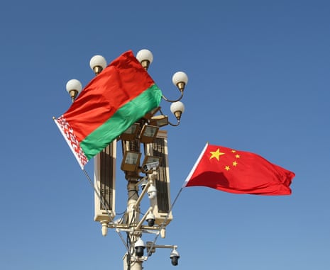 The national flags of China and Belarus flutter at Tiananmen Square in Beijing.