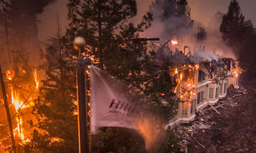 The Santa Rosa Hilton Hotel burns to the ground as the Tubbs fire sweeps through on 9 October 2017.