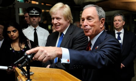Boris Johnson (left) and Michael Bloomberg share a lectern at a press conference in London in 2010.