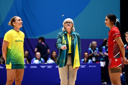 Mostyn conducts the coin toss ahead of a netball match between Australia and Tonga at the Glasgow 2026 Commonwealth Games.