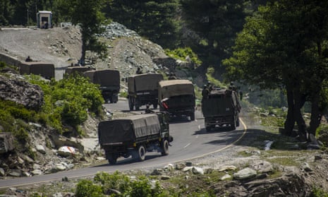An Indian army convoy driving towards Leh, in Ladakh