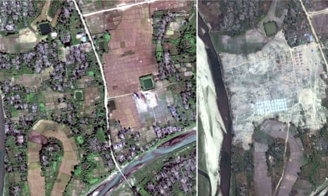 Satellite images of the village of Thit Tone Nar Gwa Son in Rakhine state, Myanmar, shown in December last year and again in February. 