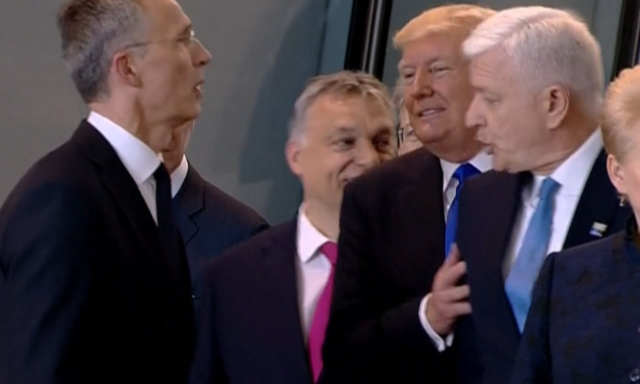 Trump appears to push aside Montenegro PM at Nato photocall – video | US news | The Guardian