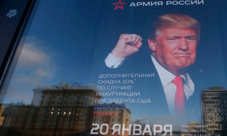 Army of Russia shop window in Moscow, with an image of Trump seen on the advertising banner.