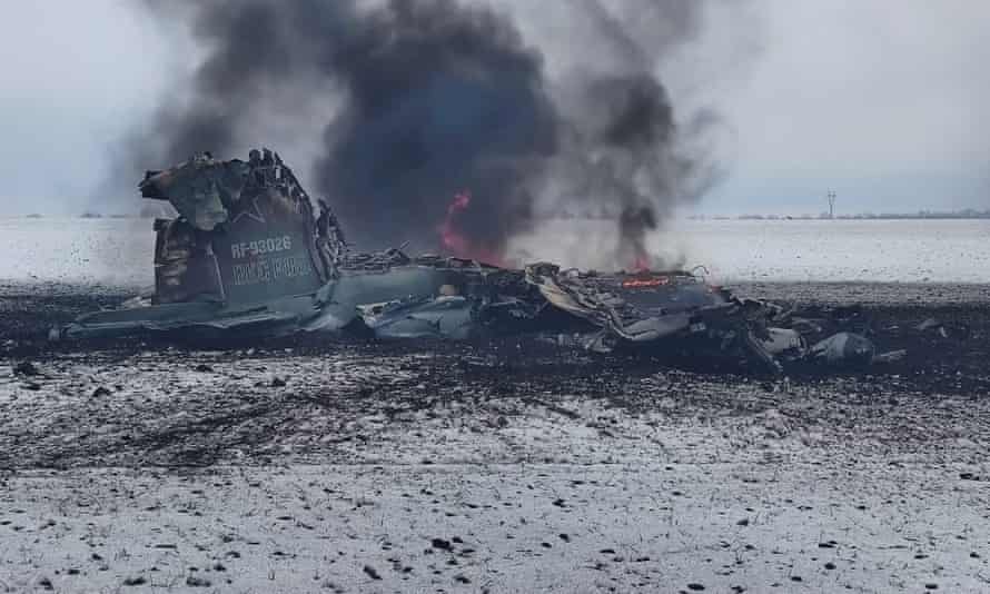 A view shows the wreckage, which Ukrainian military officials said is the remains of a Russian Air Force assault aircraft, amid the Russian invasion of Ukraine, in a field outside the town of Volnovakha in the Donetsk region, Ukraine.