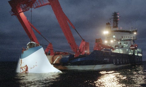 The bow door of the Estonia is lifted up from the bottom of the sea, off Uto Island in the Baltic Sea, near Finland, shortly after the accident