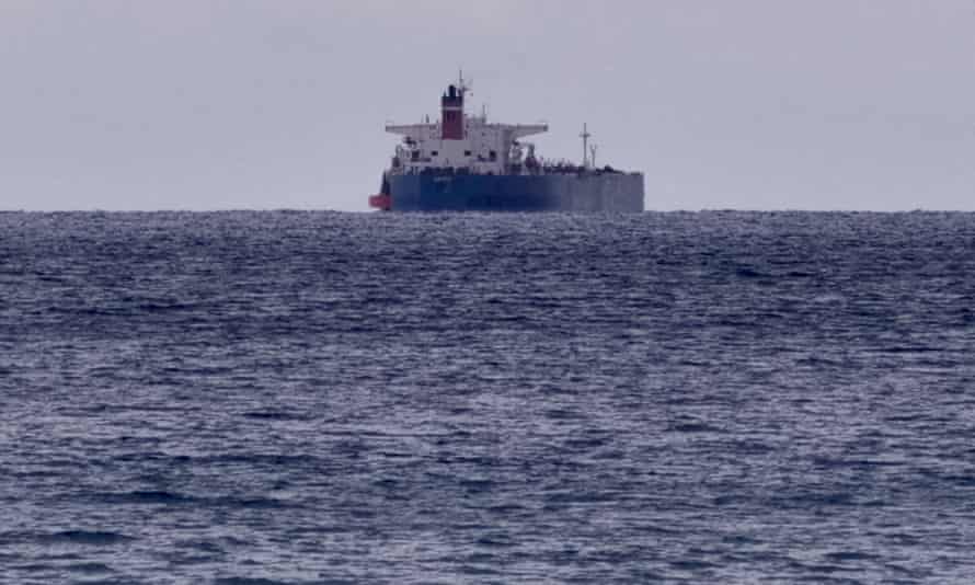 The seized Russian-flagged oil tanker Pegas is seen anchored off the shore of Karystos, on the Island of Evia, Greece, on 19 April.