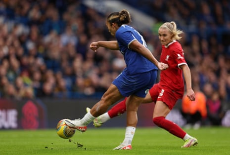 Lauren James of Chelsea scores her team’s third goal against Liverpool.