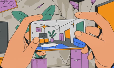 illustration of a phone with a beautiful image being held over the same scene in reality, which is dirty with cracked walls