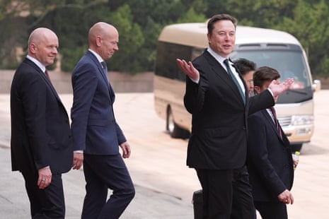 Elon Musk at the welcome ceremony at the Great Hall of the People in Beijing.