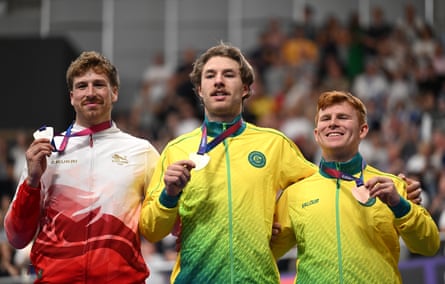 England’s silver medalist Joseph Truman with Leigh Hoffman and Tayte Ryan of Australia.