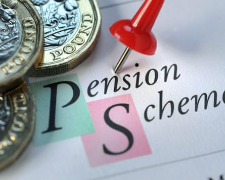 An illustration with a map pin through the words ‘pension scheme” next to £1 coins