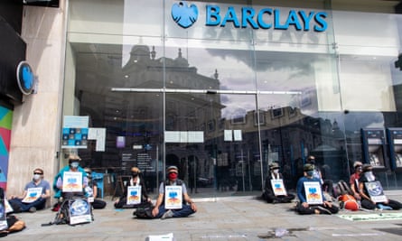 An XR Buddhists demonstration outside a Barclays bank in central London last week.