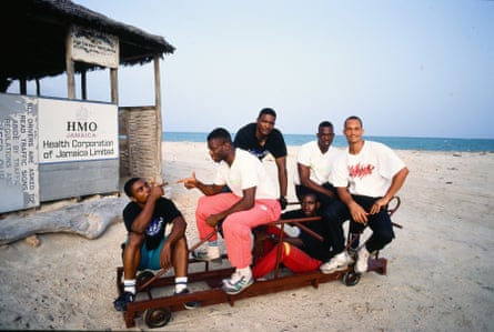 The Jamaican bobsleigh team who first gained fame at the 1988 Winter Olympic Games; Devon Harris, Dudley Stokes, Michael White, Freddy Powell and last-minute replacement Chris Stokes are photographed in Kingston, Jamaica in May 1991.