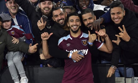 Saïd Benrahma celebrates with the West Ham fans after their penalty shootout win
