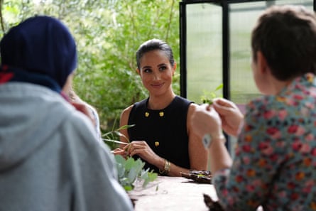 Meghan, the Duchess of Sussex, takes part in a therapy session in the Kelpie garden with adolescent patients during a visit to the Royal Children’s hospital in Melbourne