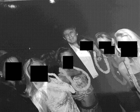 Trump next to a group of women whose faces are blacked out