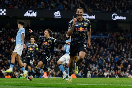 Lukas Nmecha celebrates scoring Leeds’s equaliser at Manchester City