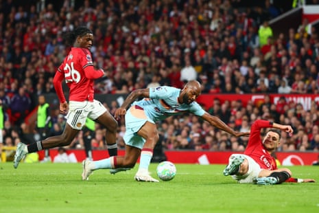 Igor Thiago of Brentford falls over and misses a chance to score.