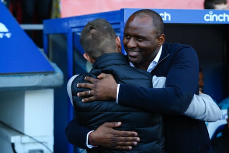Crystal Palace manager Patrick Vieira greets Leeds United manager Jesse Marsch.