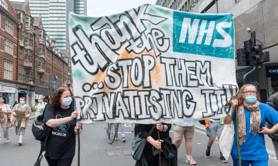 Protesters against NHS privatisation outside University College Hospital London, July 2021.