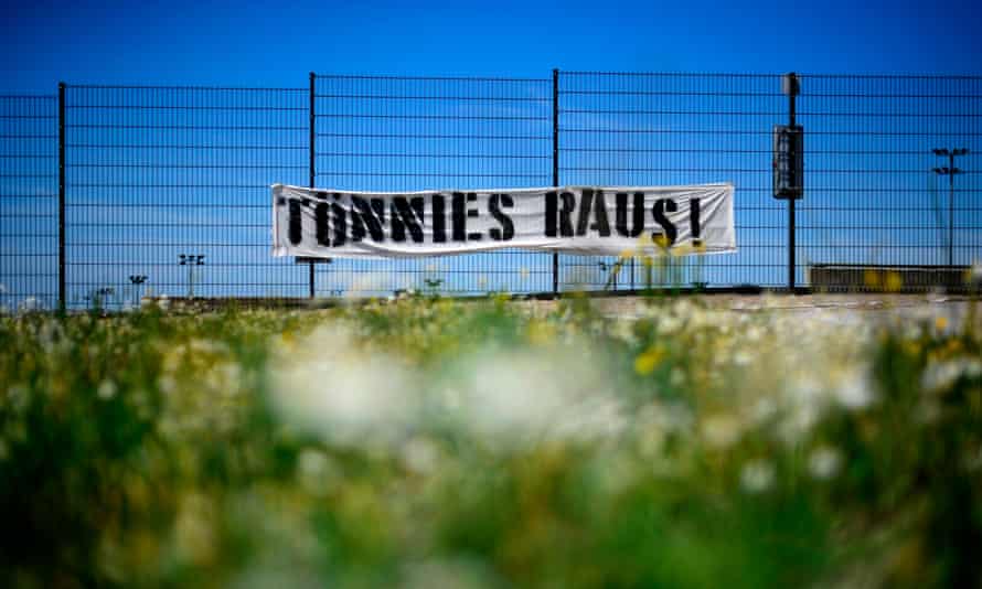 A banner reading ‘Tönnies Out’ at the FC Schalke ground.