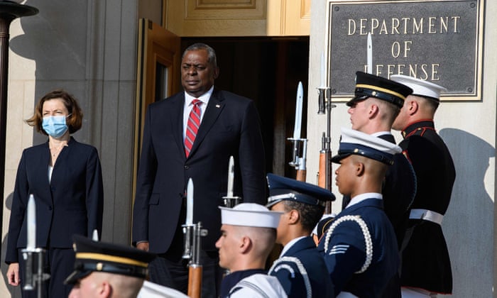 US Defense Secretary Lloyd Austin greets French Defense Minister Florence Parly (left) for talks at the Pentagon in Washington earlier today.
