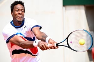 Gael Monfils bashes a backhand to Mikael Ymer.