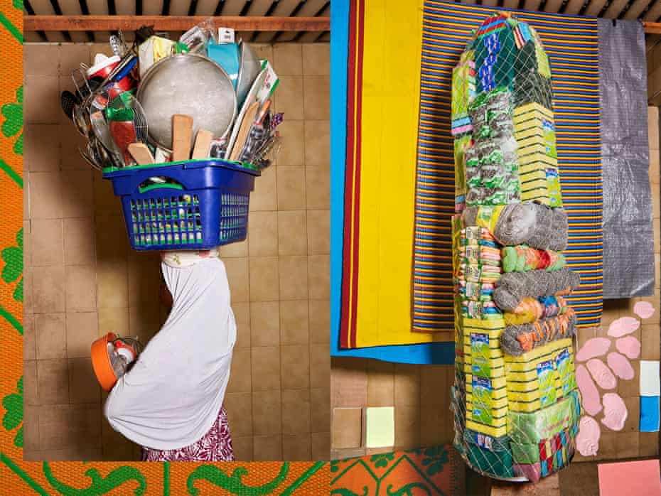 A seller of housewares from Balogun market, Lagos, alongside a package of housekeeping products by Lorenzo Vitturi.
