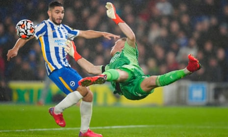 Aaron Ramsdale denies Brighton’s Neal Maupay in the closing stages at the Amex Stadium