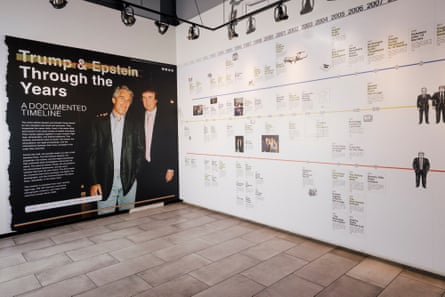 A timeline of Donald Trump and Jeffrey Epstein’s relationship on an exhibition wall