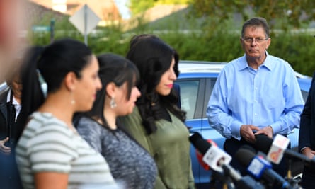 Ted Baillieu looks on as sisters Elly Sapper, Dassi Erlich and Nicole Meyer speak to media in Melbourne after an Israeli court ruled that Malka Leifer was mentally fit to be extradited to Australia, on 27 May, 2020.