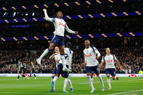 Tottenham Hotspur’s Mathys Tel celebrates scoring.